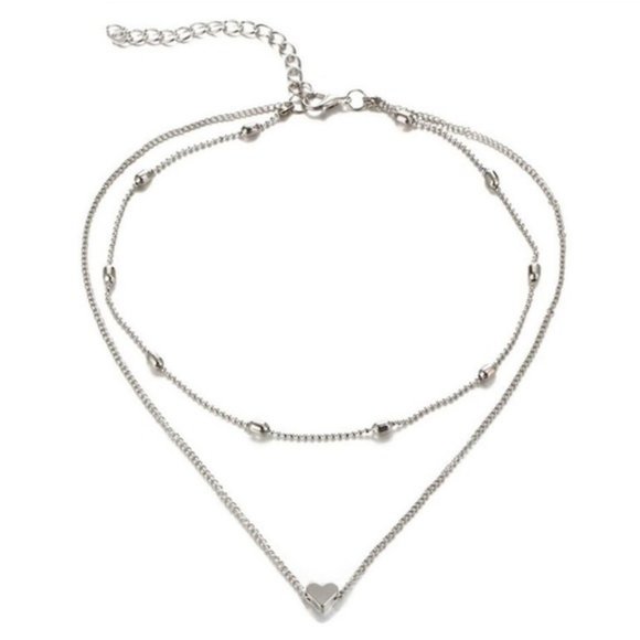 Layered Heart Choker Necklace (Silver) - Picture 2 of 6